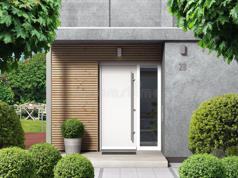 Modern home facade with entrance, front door and view to the garden - 3D rendering. Modern home facade with entrance, front door and view to the garden - 3D rendering